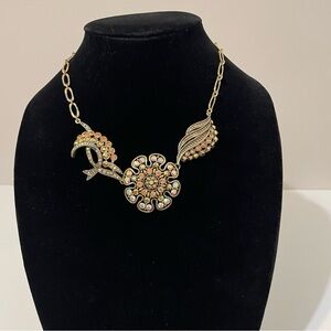 Allison Reed Statement Necklace Antique Gold Chain Flower Aurora Borealis Pink